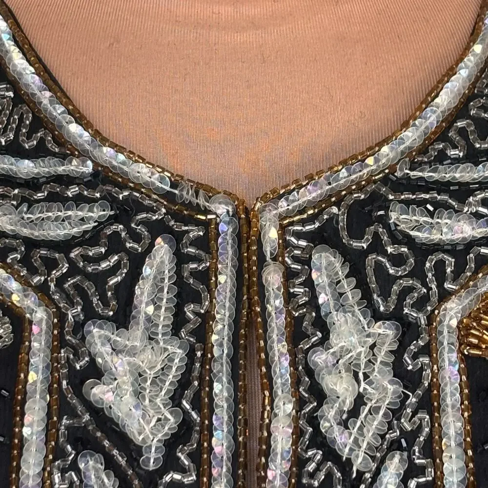 Vintage Silk Beaded Jacket‎ Black Gold 80s Luxury XL Maximalist Power Dressing